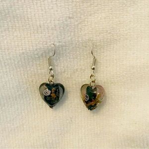 Black Heart Glass Dangle Earrings
